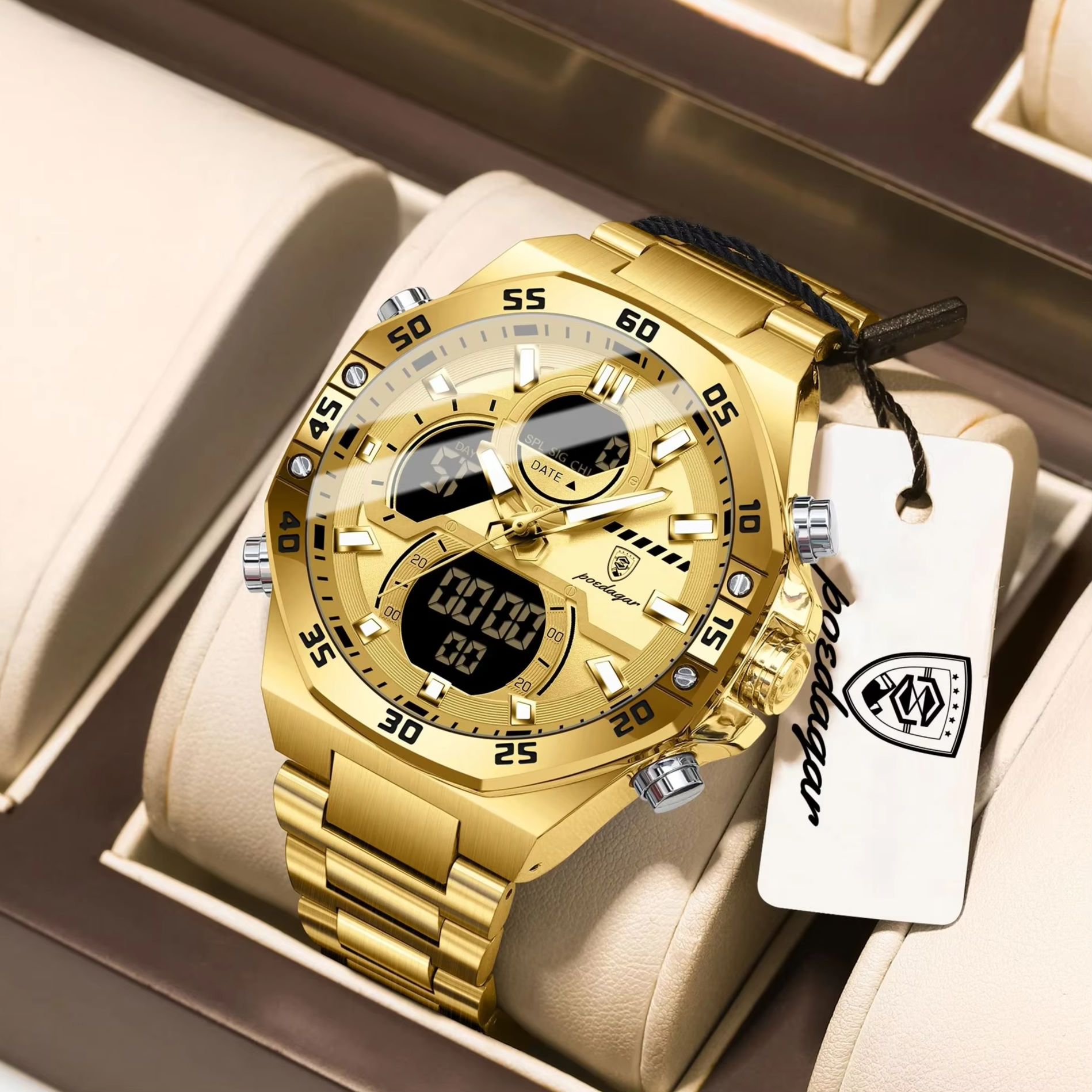 Minute Repeater Watch - POEDAGAR Sport Quartz Herenhorloge LED Lichtgevend